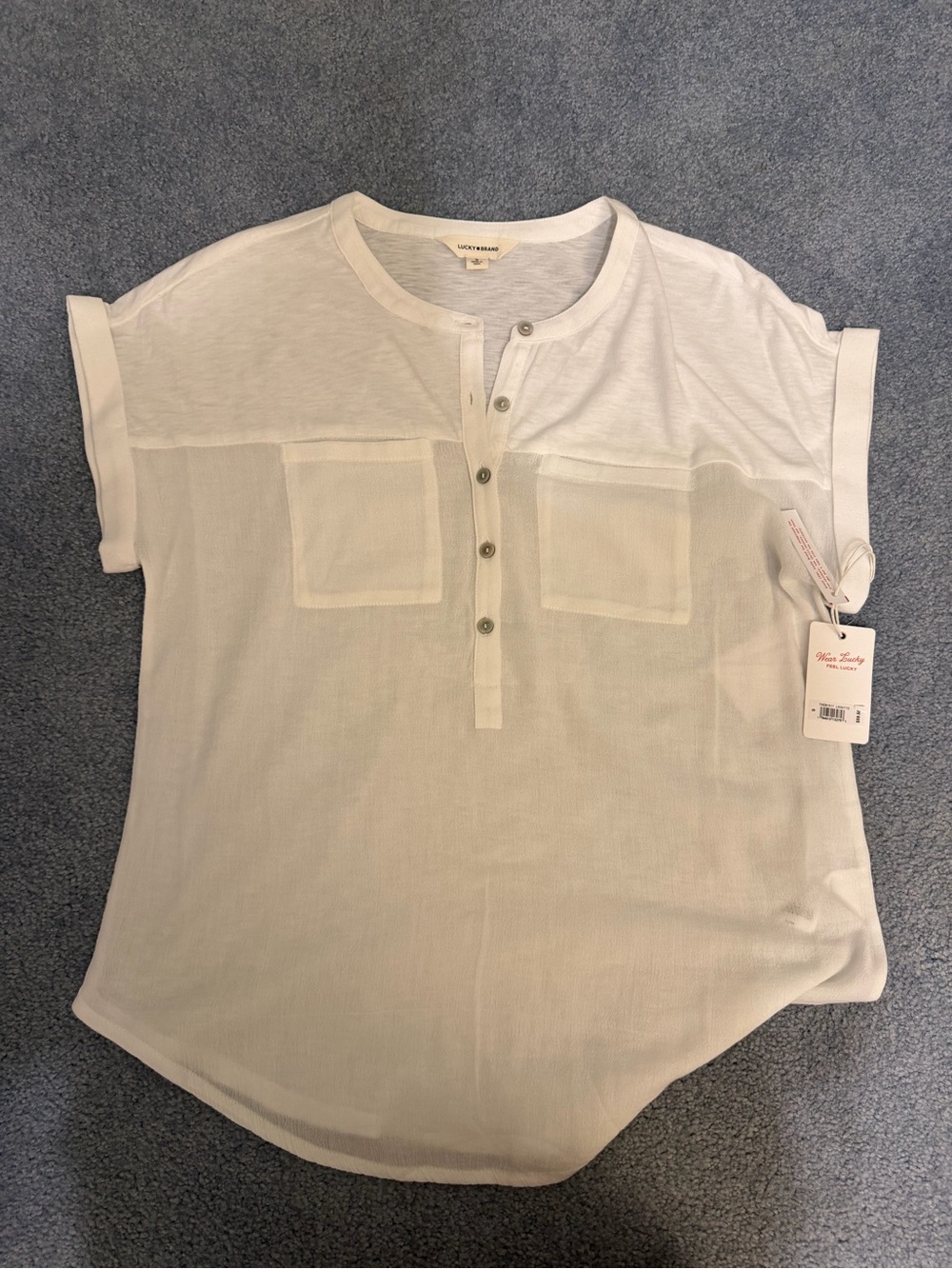 NWT- Lucky Brand White Short-Sleeve Henley with Chest Pockets